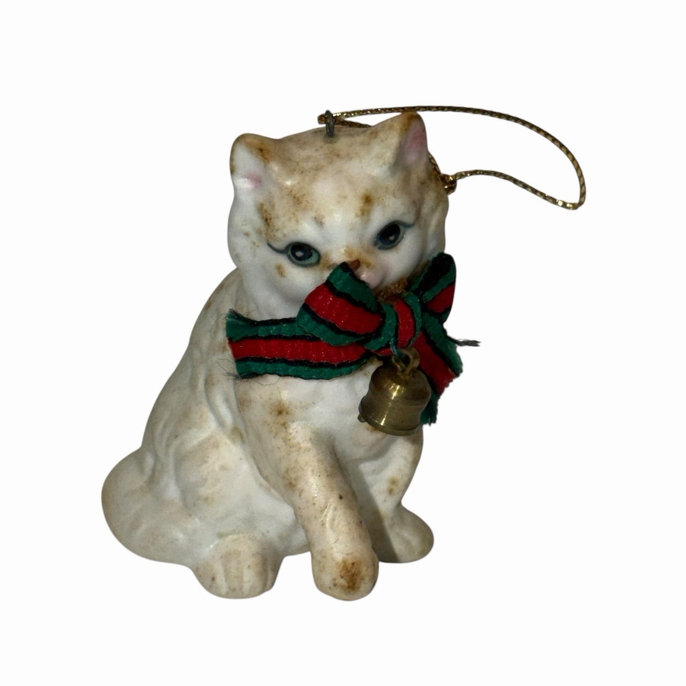 Vtg Porcelain White Cat with Bell Enesco 1985 Ornament 2.5" Realistic Taiwan